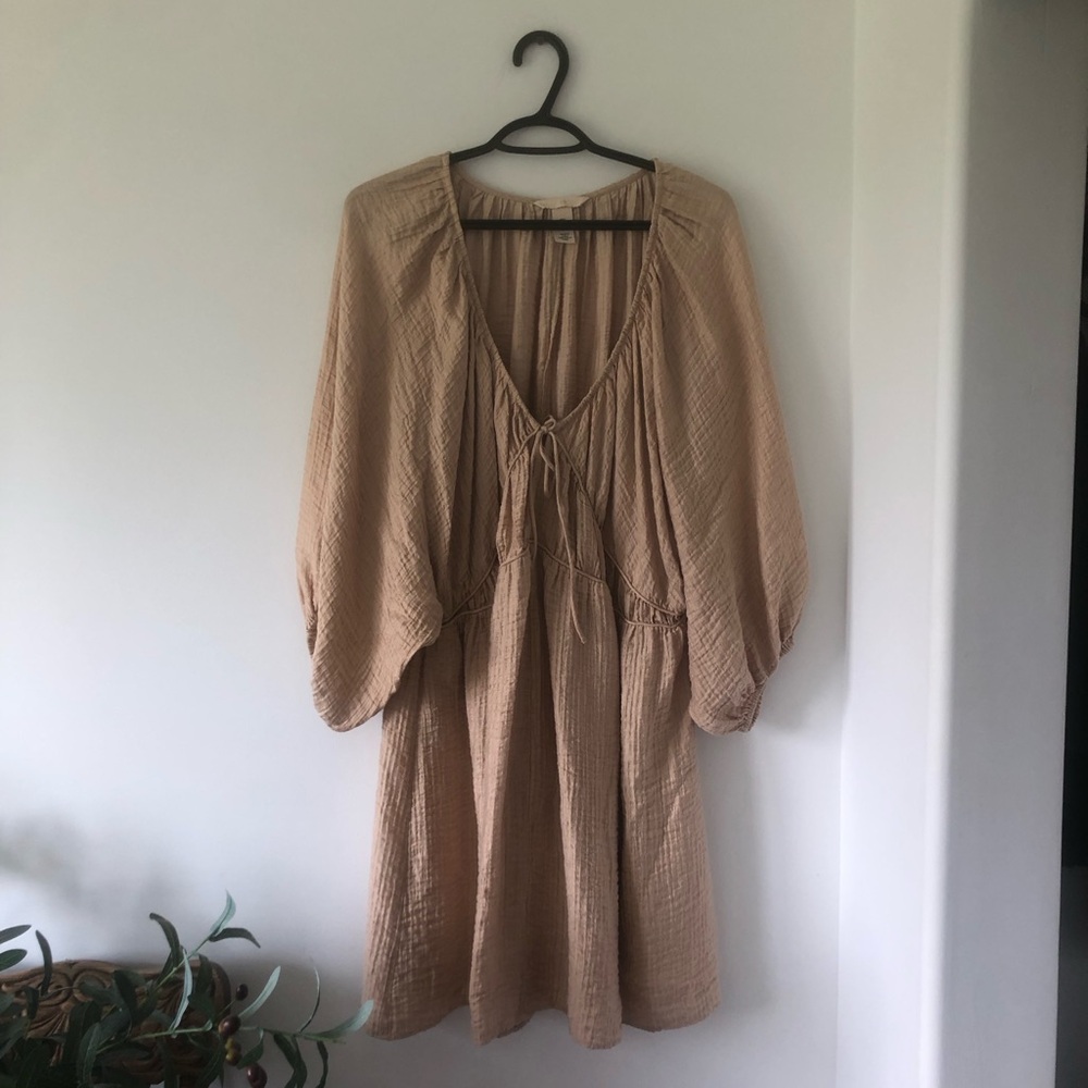 H&M Tan Boho Tie-Front Long Sleeve Dress | Size L